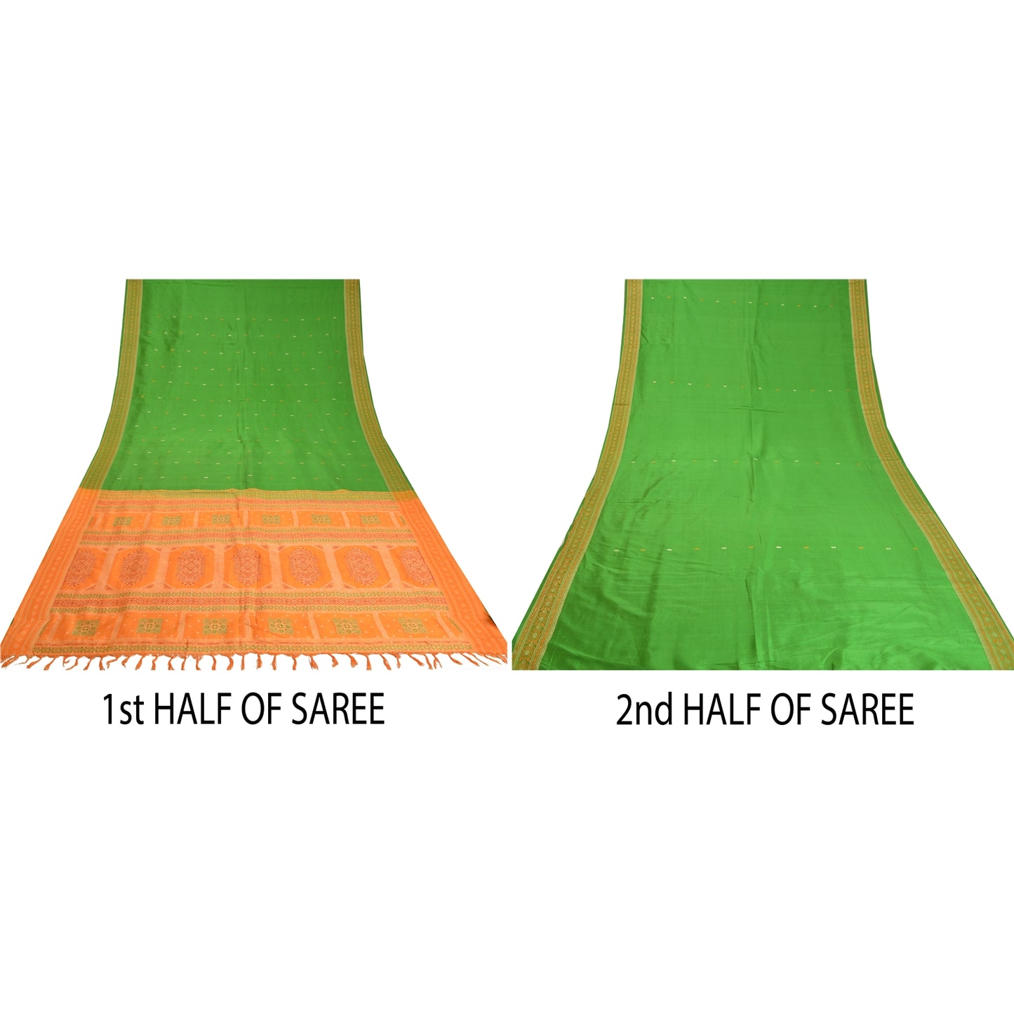 Sanskriti Vintage Green/Saffron Sarees Pure Silk Woven Premium Sari Fabric