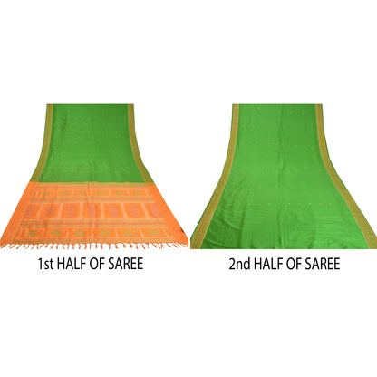 Sanskriti Vintage Green/Saffron Sarees Pure Silk Woven Premium Sari Fabric