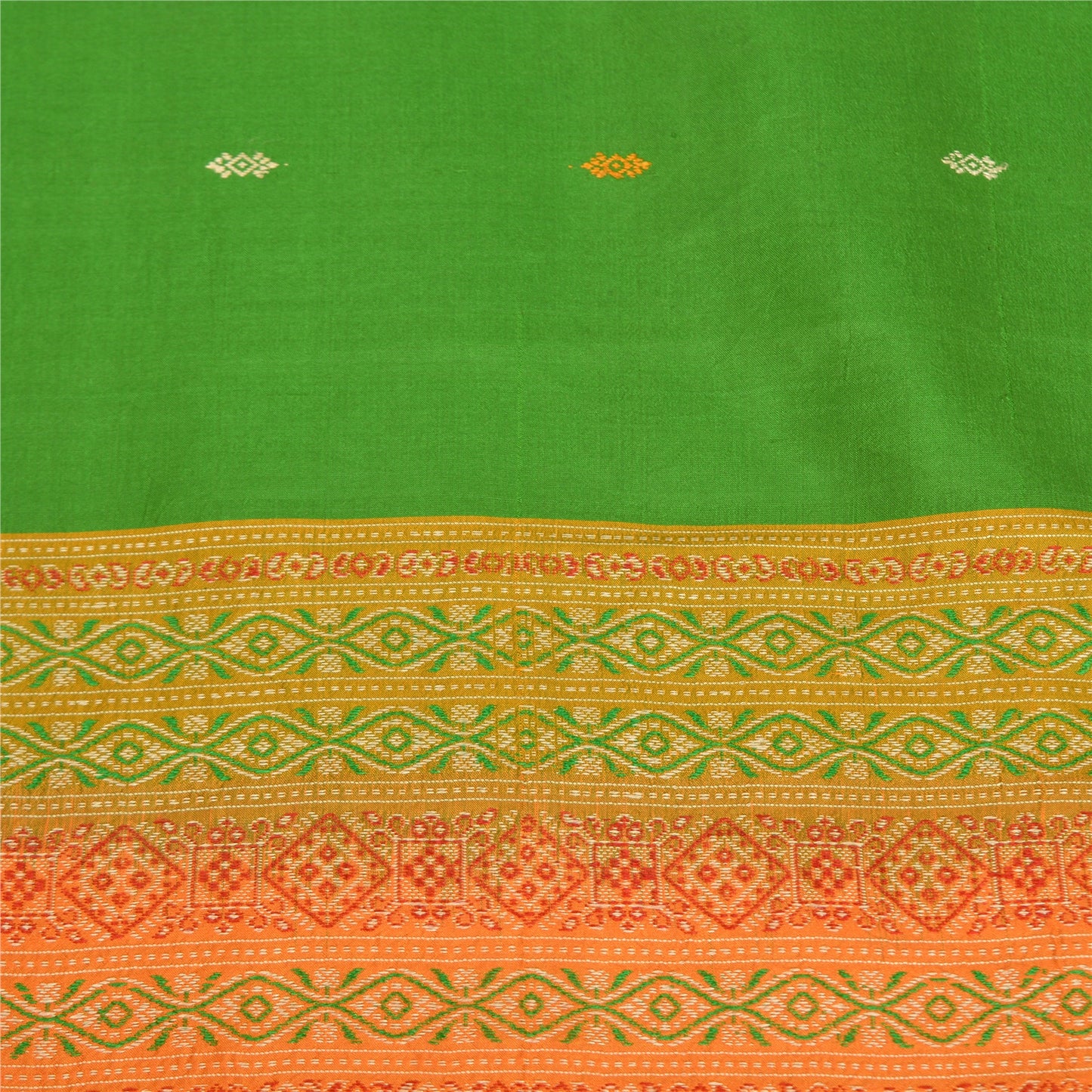 Sanskriti Vintage Green/Saffron Sarees Pure Silk Woven Premium Sari Fabric