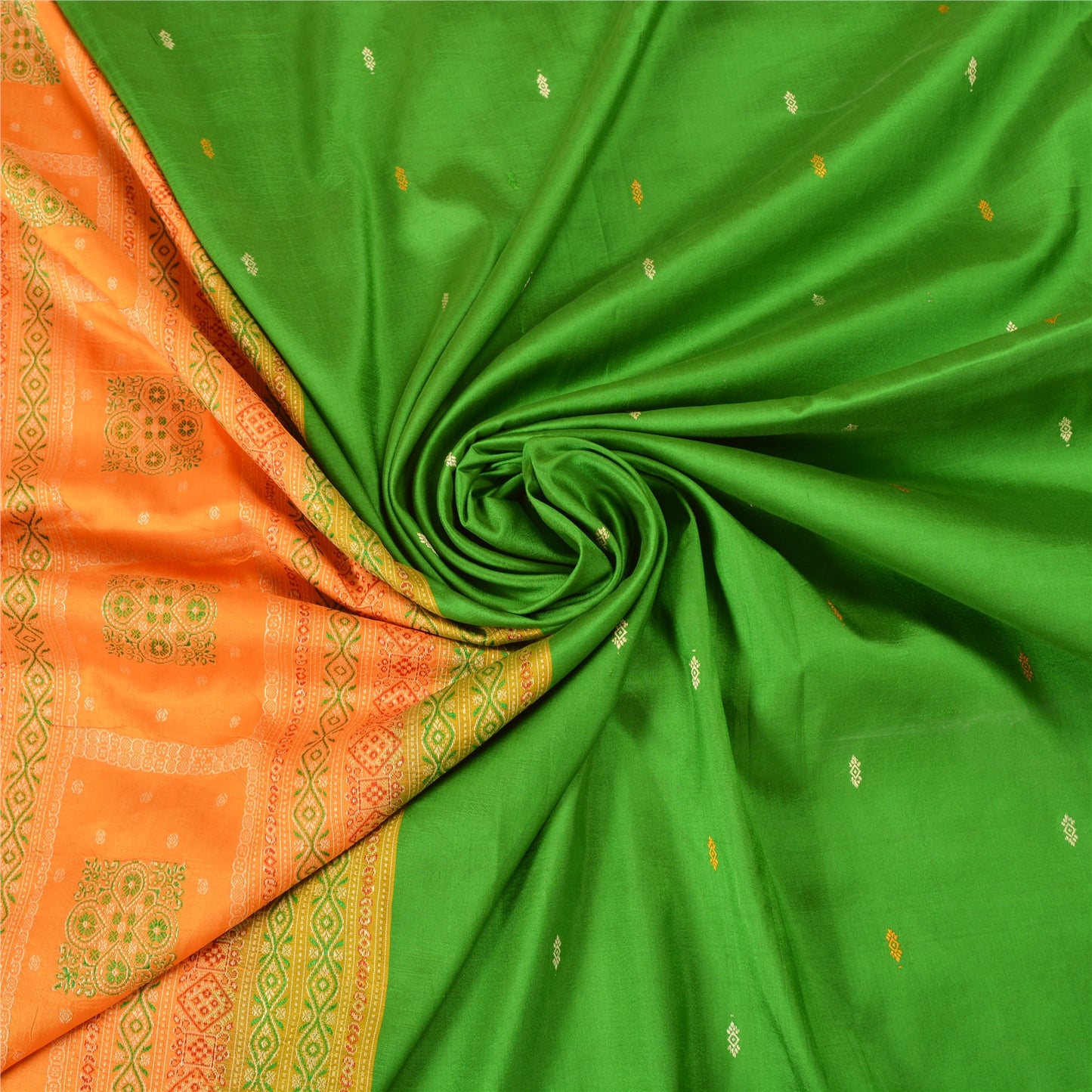 Sanskriti Vintage Green/Saffron Sarees Pure Silk Woven Premium Sari Fabric