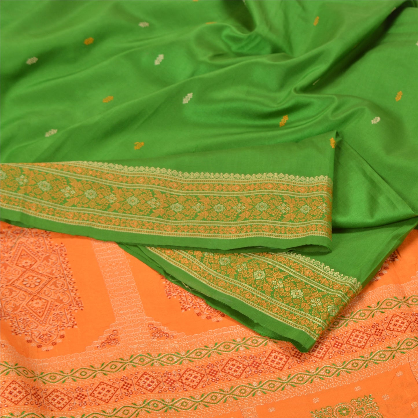 Sanskriti Vintage Green/Saffron Sarees Pure Silk Woven Premium Sari Fabric
