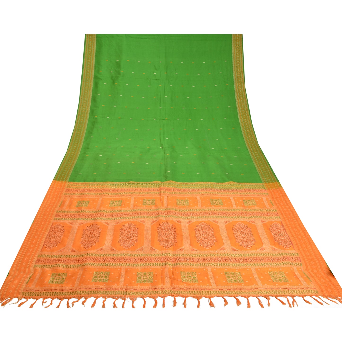 Sanskriti Vintage Green/Saffron Sarees Pure Silk Woven Premium Sari Fabric