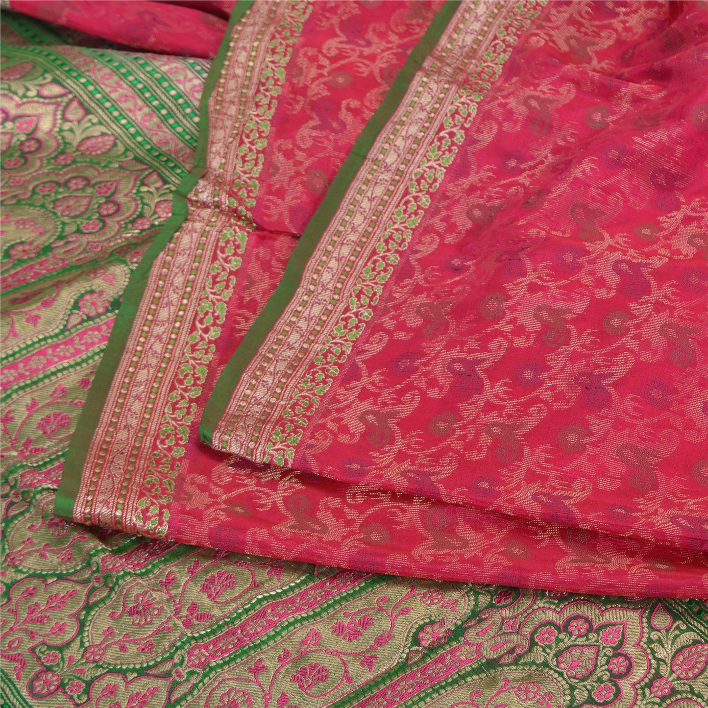 Sanskriti Vintage Green/Pink Sarees Pure Silk Woven Brocade/Banarasi Sari Sustainable Fabric