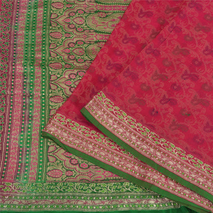 Sanskriti Vintage Green/Pink Sarees Pure Silk Woven Brocade/Banarasi Sari Sustainable Fabric