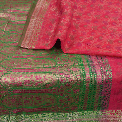 Sanskriti Vintage Green/Pink Sarees Pure Silk Woven Brocade/Banarasi Sari Sustainable Fabric
