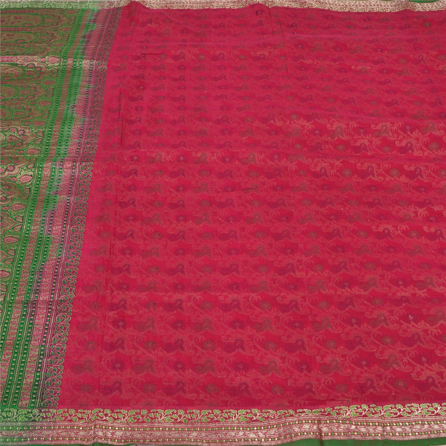 Sanskriti Vintage Green/Pink Sarees Pure Silk Woven Brocade/Banarasi Sari Sustainable Fabric