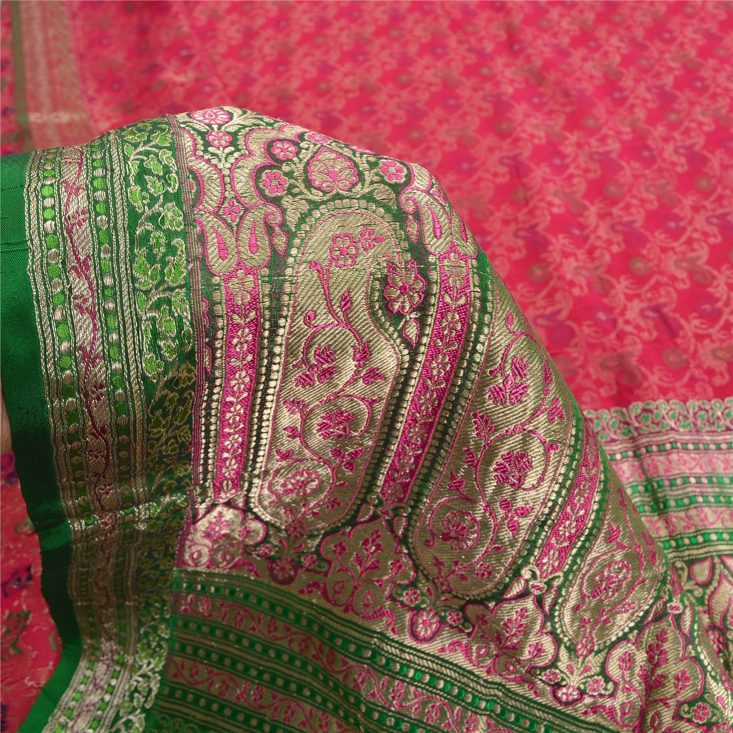 Sanskriti Vintage Green/Pink Sarees Pure Silk Woven Brocade/Banarasi Sari Sustainable Fabric