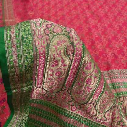 Sanskriti Vintage Green/Pink Sarees Pure Silk Woven Brocade/Banarasi Sari Sustainable Fabric
