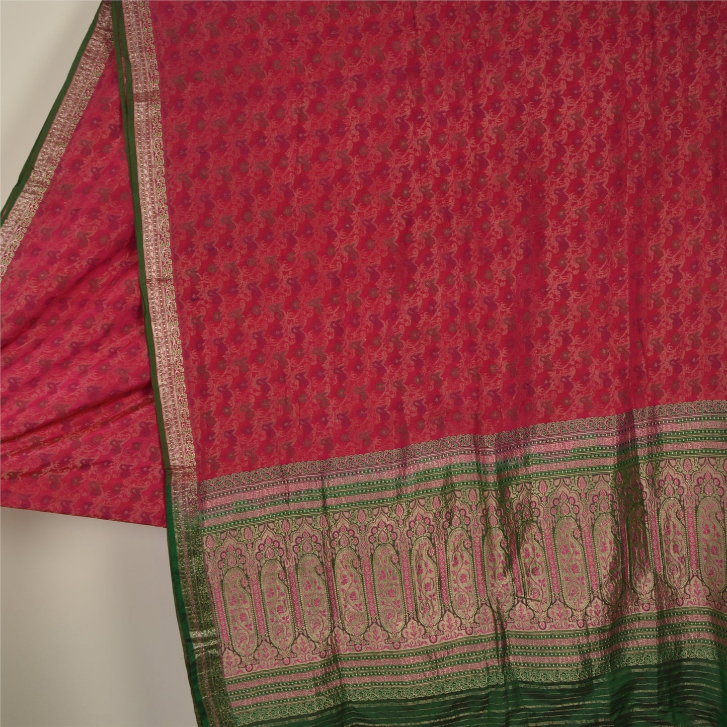 Sanskriti Vintage Green/Pink Sarees Pure Silk Woven Brocade/Banarasi Sari Sustainable Fabric