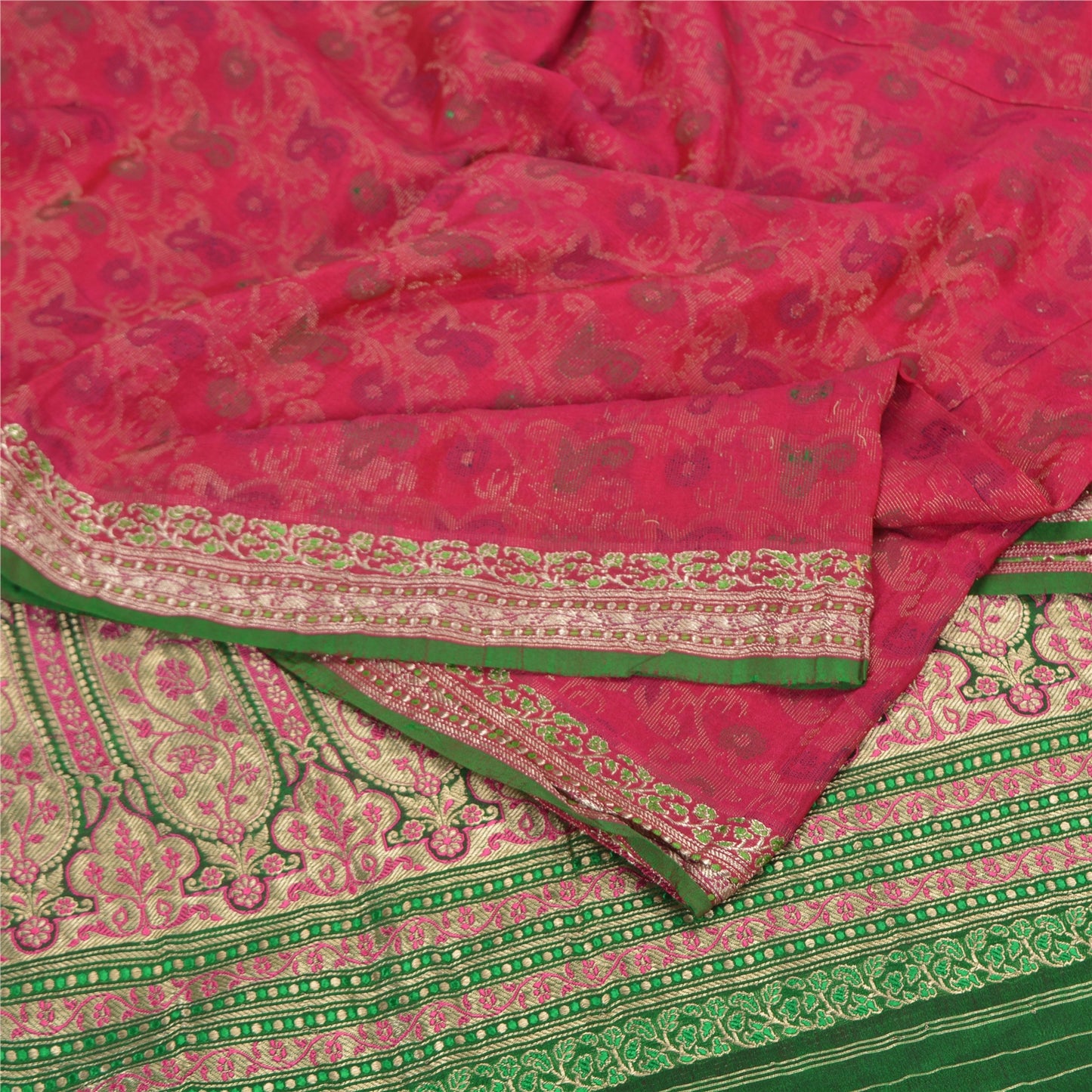 Sanskriti Vintage Green/Pink Sarees Pure Silk Woven Brocade/Banarasi Sari Sustainable Fabric
