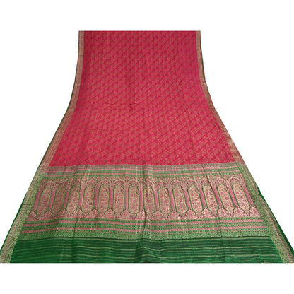 Sanskriti Vintage Green/Pink Sarees Pure Silk Woven Brocade/Banarasi Sari Sustainable Fabric