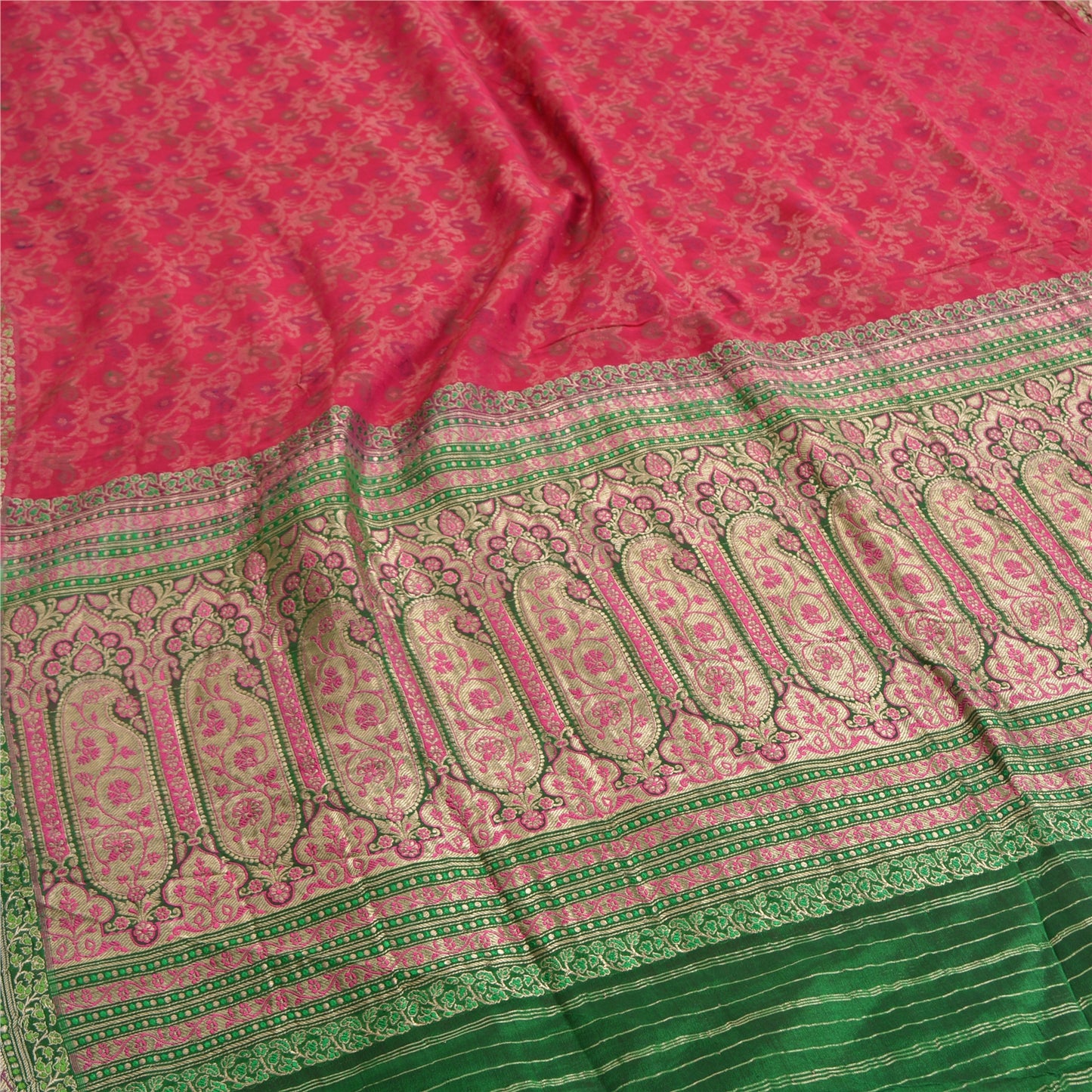 Sanskriti Vintage Green/Pink Sarees Pure Silk Woven Brocade/Banarasi Sari Sustainable Fabric