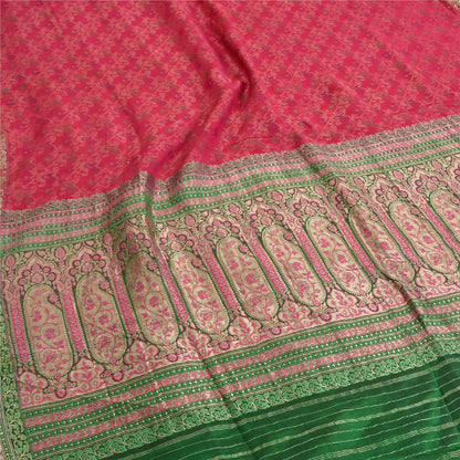 Sanskriti Vintage Green/Pink Sarees Pure Silk Woven Brocade/Banarasi Sari Sustainable Fabric