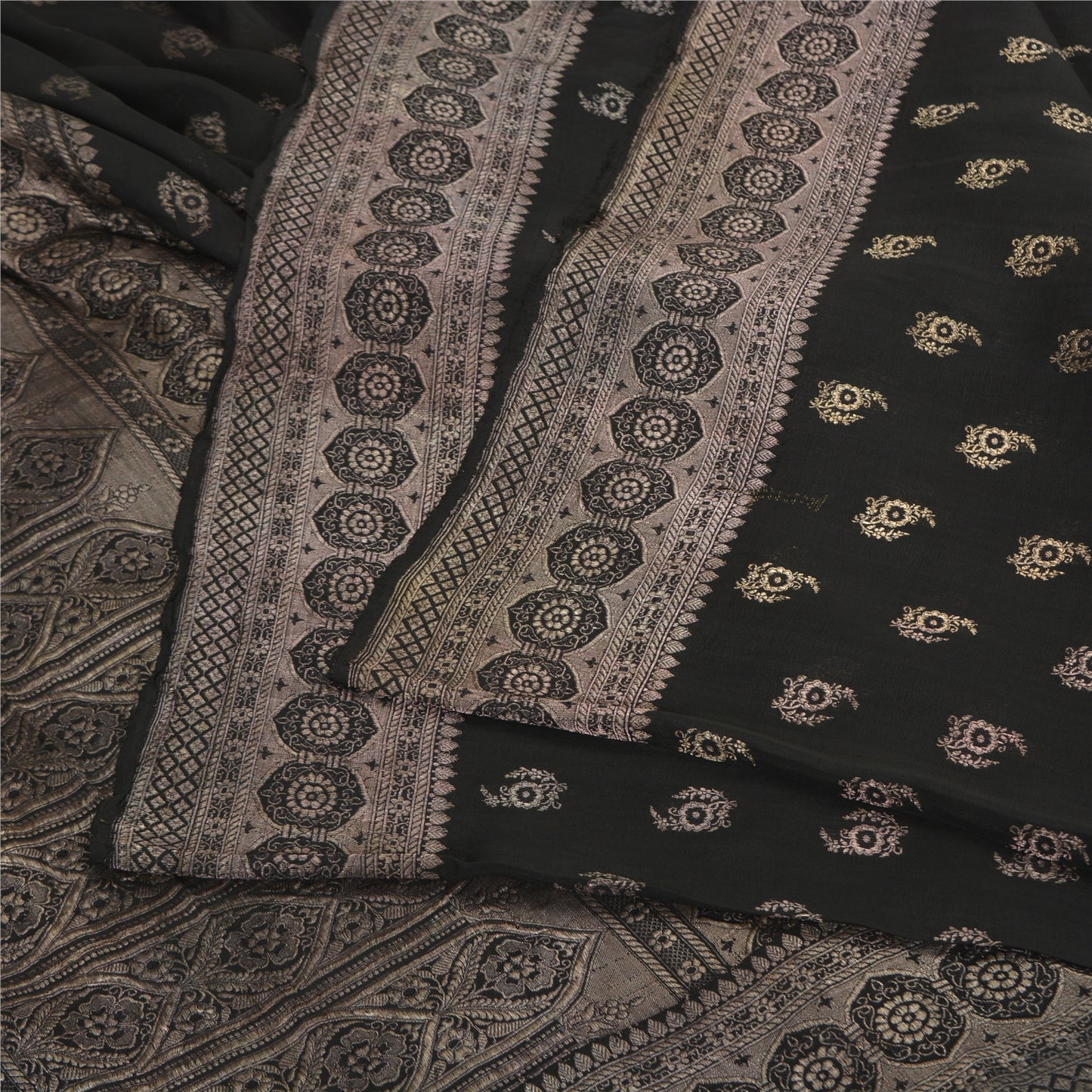 Sanskriti Vintage Black Sarees Pure Silk Woven Brocade/Banarasi Zari Sari Fabric