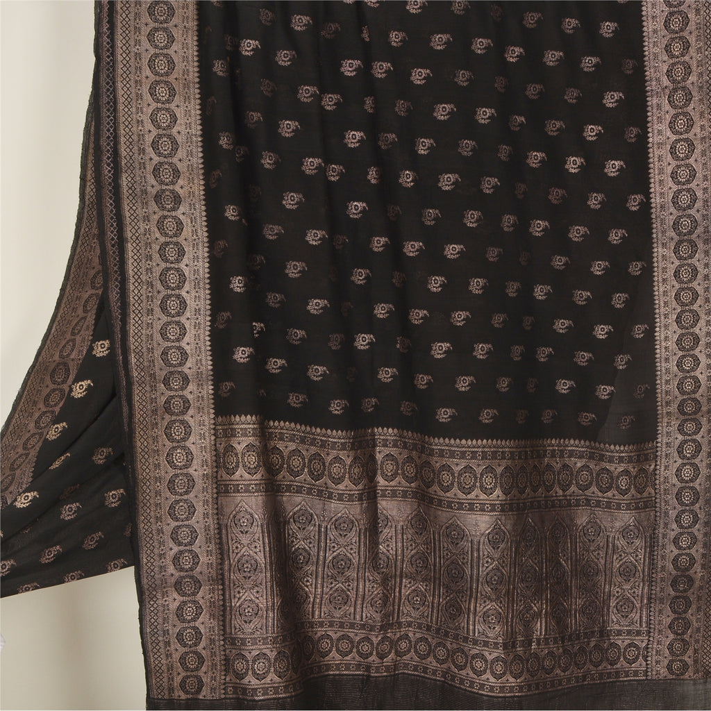 Sanskriti Vintage Black Sarees Pure Silk Woven Brocade/Banarasi Zari Sari Fabric