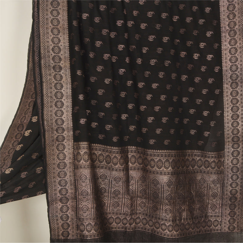 Sanskriti Vintage Saree Black 100% Pure Silk 4.5+yd Woven Brocade/Banarasi Zari Sari Fabric Create Dresses, Kaftan, Skirt, Tops, Projects