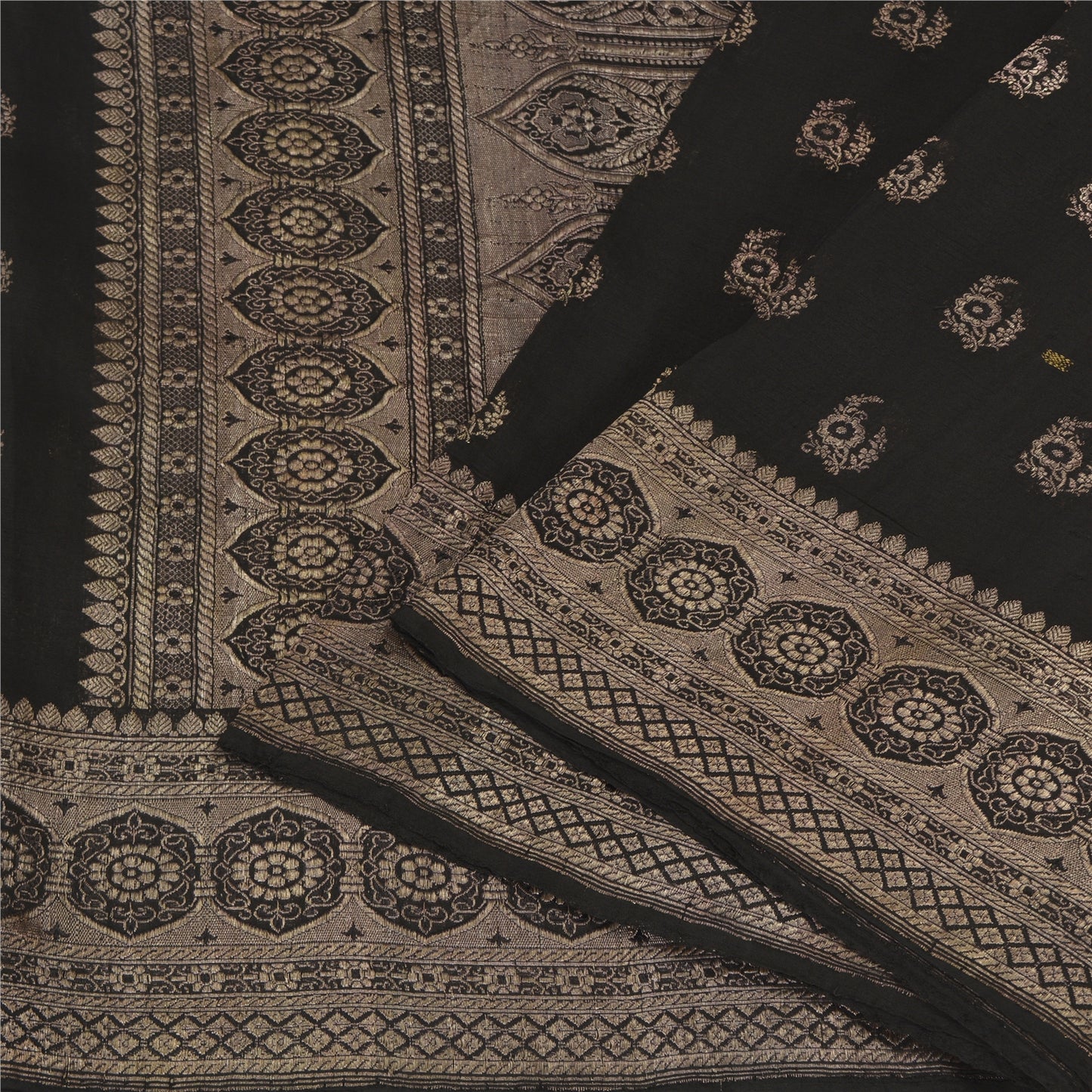 Sanskriti Vintage Black Sarees Pure Silk Woven Brocade/Banarasi Zari Sari Fabric