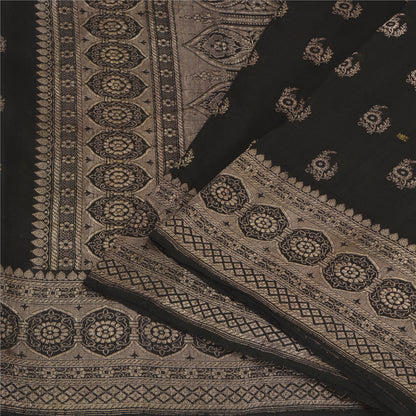 Sanskriti Vintage Black Sarees Pure Silk Woven Brocade/Banarasi Zari Sari Fabric