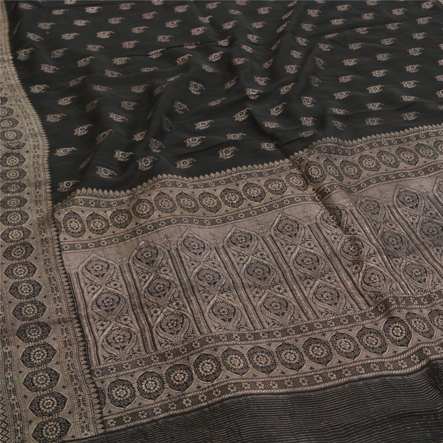Sanskriti Vintage Black Sarees Pure Silk Woven Brocade/Banarasi Zari Sari Fabric