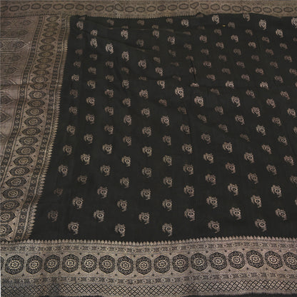 Sanskriti Vintage Black Sarees Pure Silk Woven Brocade/Banarasi Zari Sari Fabric