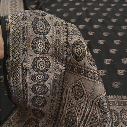 Sanskriti Vintage Black Sarees Pure Silk Woven Brocade/Banarasi Zari Sari Fabric