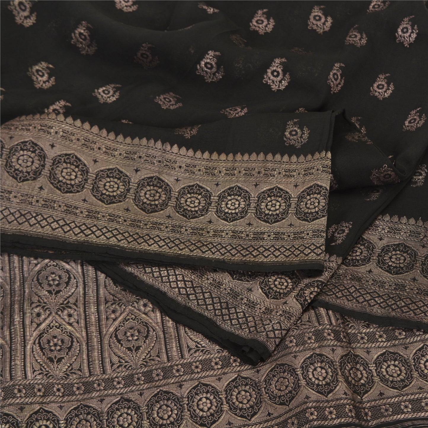 Sanskriti Vintage Black Sarees Pure Silk Woven Brocade/Banarasi Zari Sari Fabric