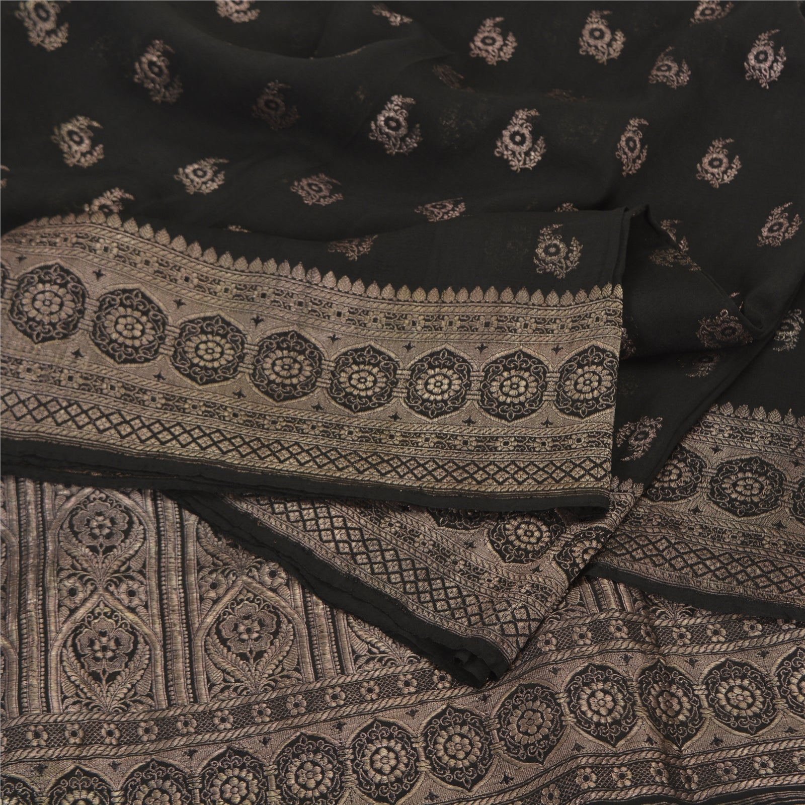 Sanskriti Vintage Black Sarees Pure Silk Woven Brocade/Banarasi Zari Sari Fabric