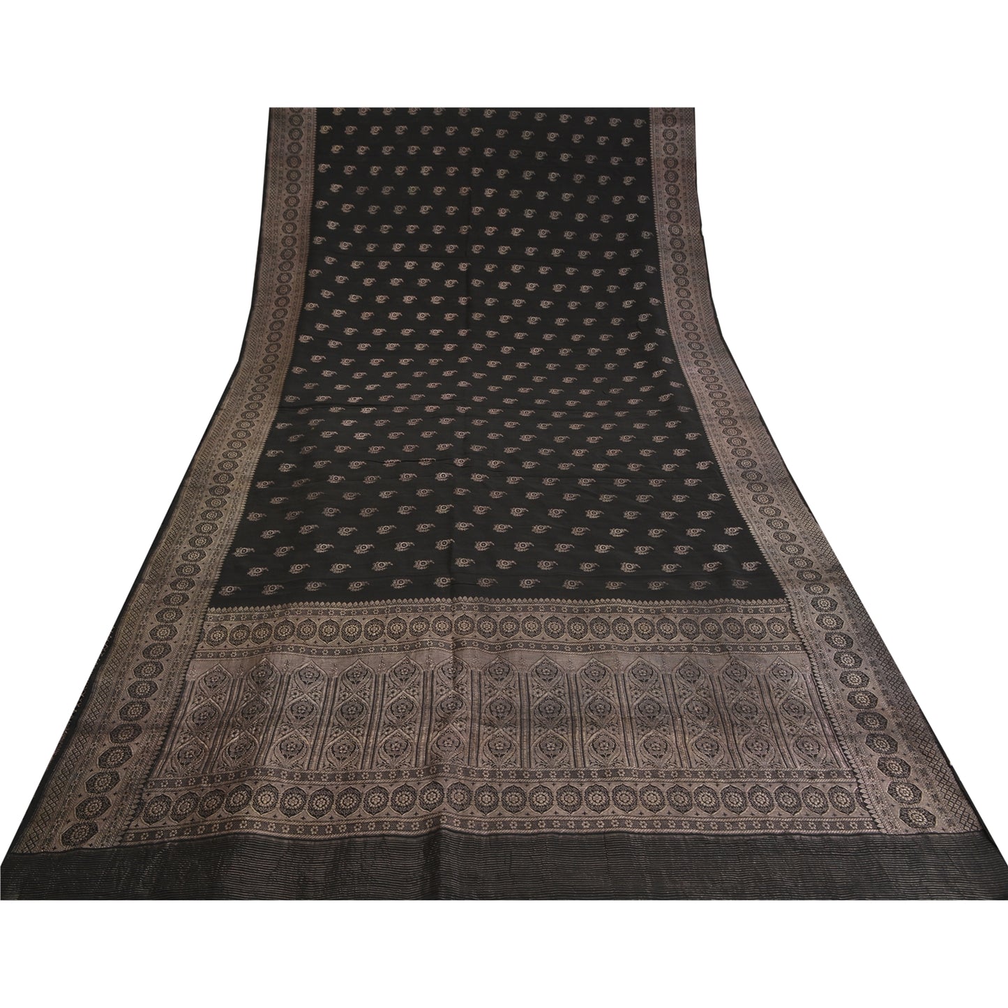 Sanskriti Vintage Black Sarees Pure Silk Woven Brocade/Banarasi Zari Sari Fabric