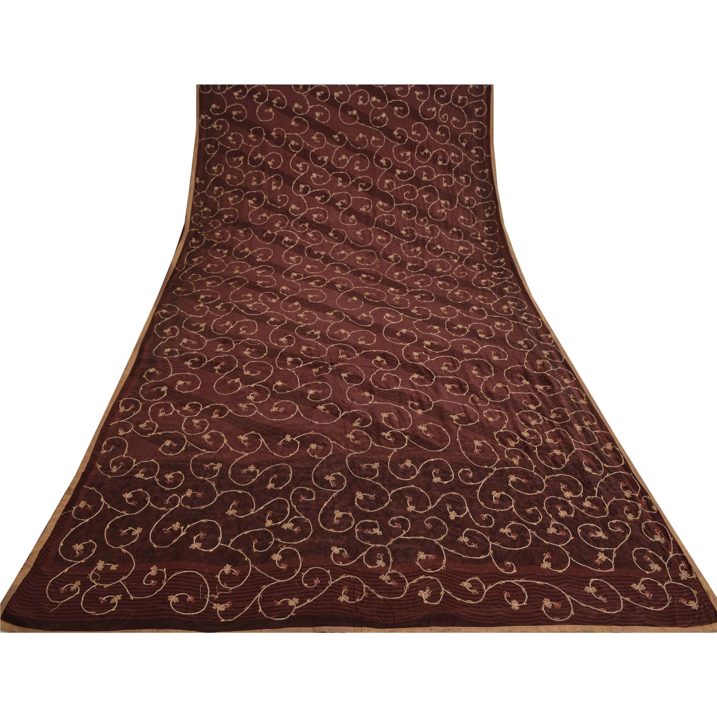 Санскритские винтажные коричневые индийские сари из чистого шелка с ручной вышивкой, устойчивая ткань для сари