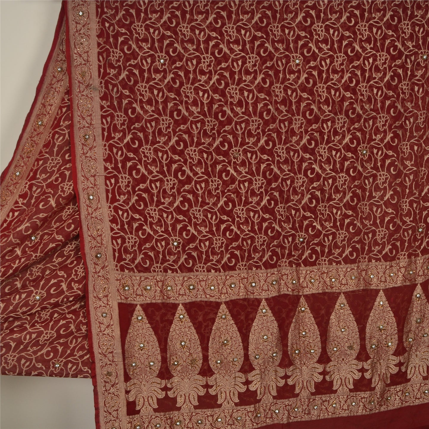 Sanskriti Vintage Red Sarees Pure Georgette Silk Pure Beaded Woven Sari Fabric