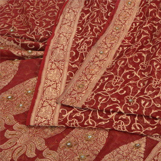 Sanskriti Vintage Red Sarees Pure Georgette Silk Pure Beaded Woven Sari Fabric