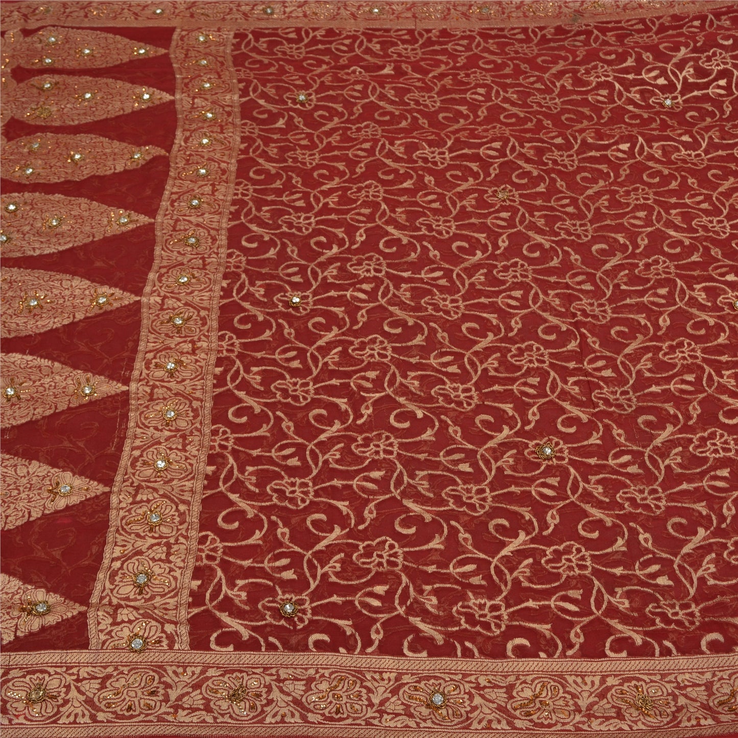 Sanskriti Vintage Red Sarees Pure Georgette Silk Pure Beaded Woven Sari Fabric