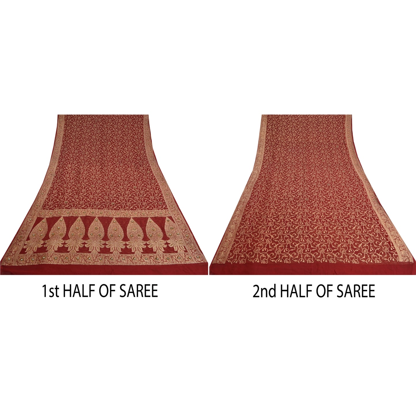 Sanskriti Vintage Red Sarees Pure Georgette Silk Pure Beaded Woven Sari Fabric