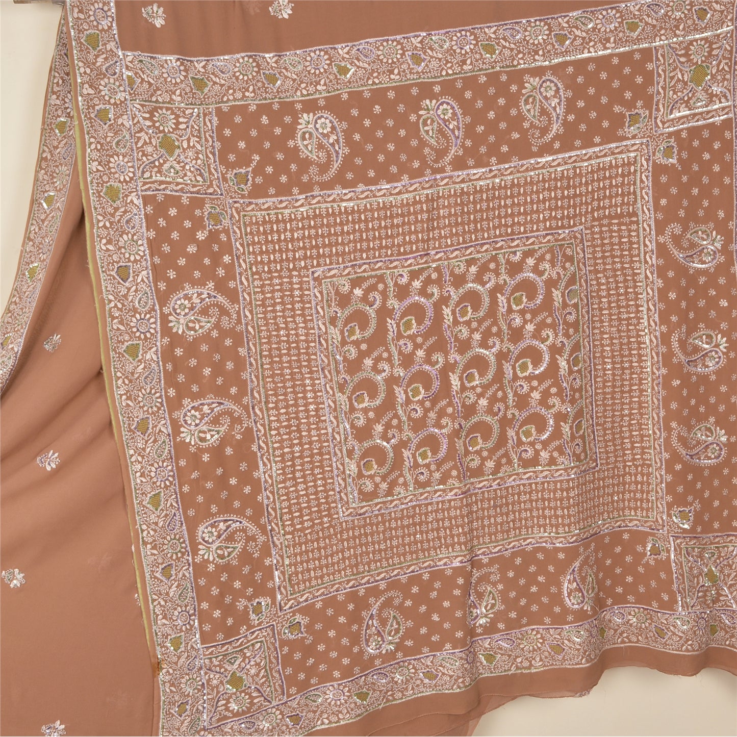 Sanskriti Vintage Brown Sarees Pure Georgette Silk Beaded Chikankari Sari Fabric