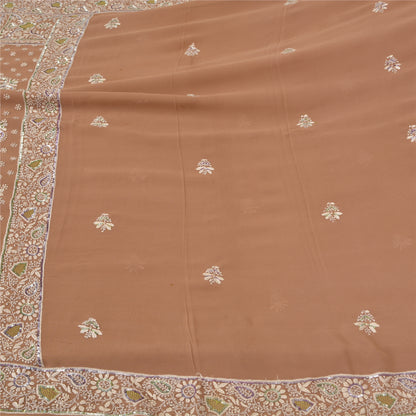 Sanskriti Vintage Brown Sarees Pure Georgette Silk Beaded Chikankari Sari Fabric