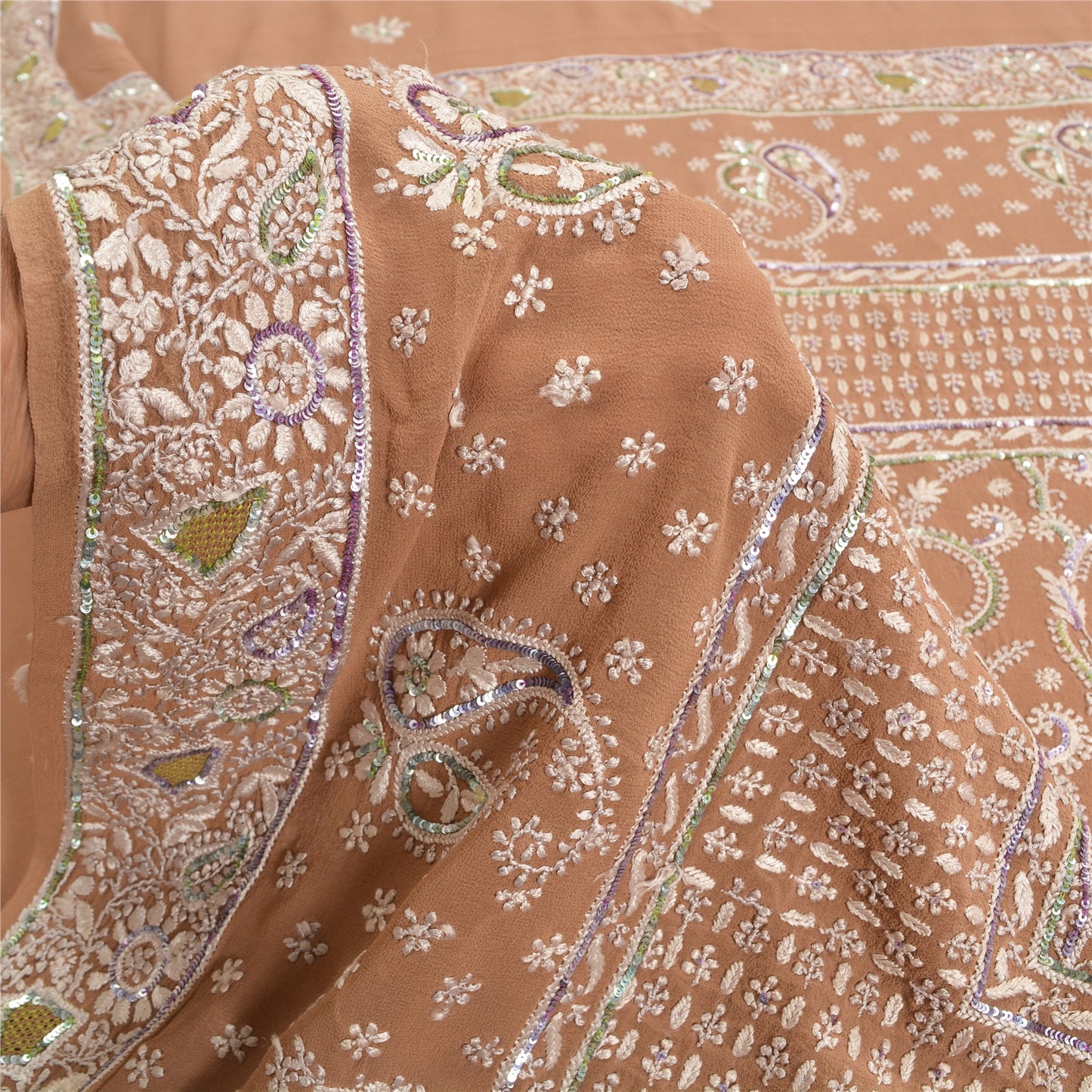 Sanskriti Vintage Brown Sarees Pure Georgette Silk Beaded Chikankari Sari Fabric