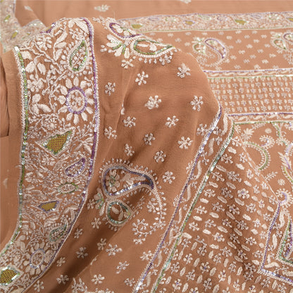 Sanskriti Vintage Brown Sarees Pure Georgette Silk Beaded Chikankari Sari Fabric