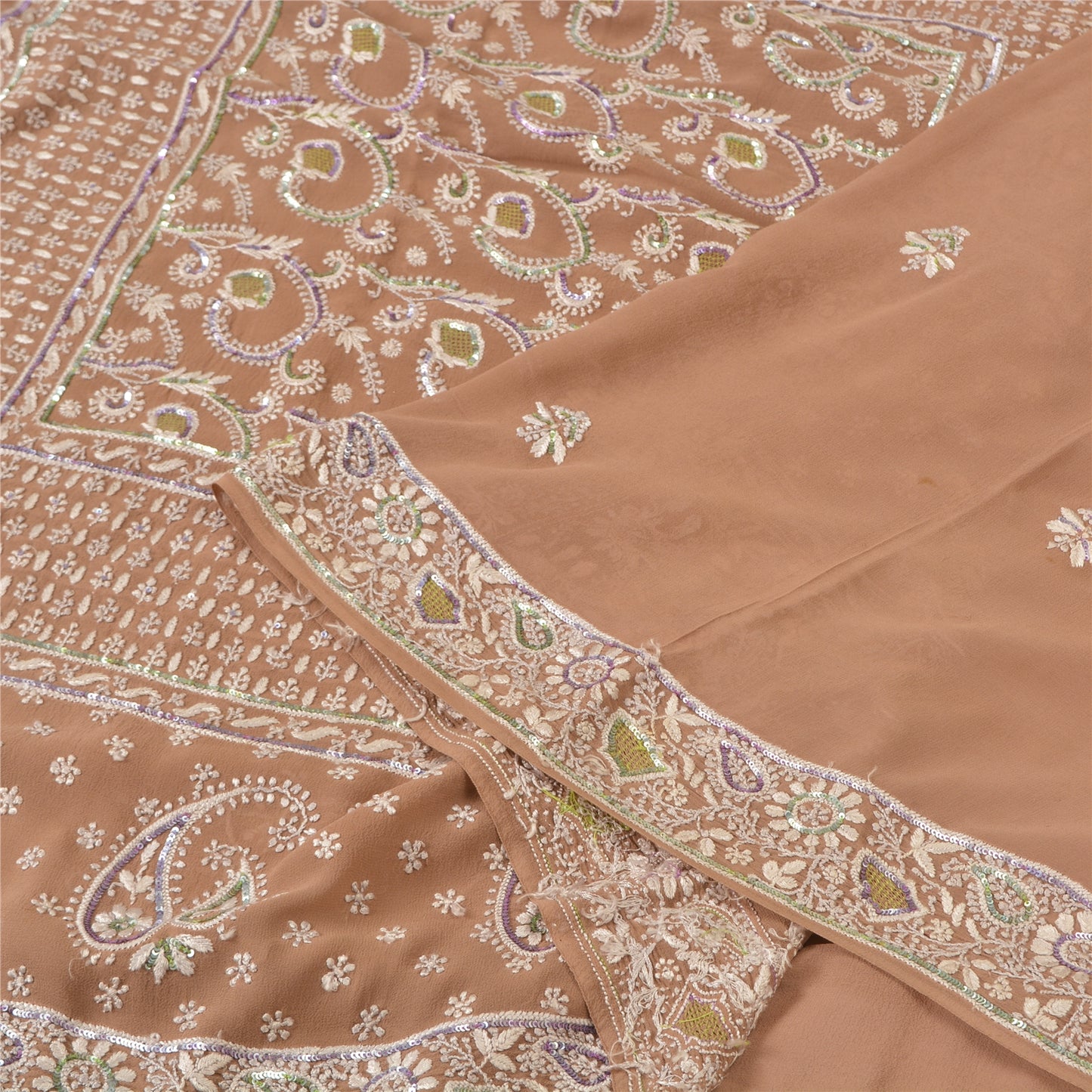Sanskriti Vintage Brown Sarees Pure Georgette Silk Beaded Chikankari Sari Fabric