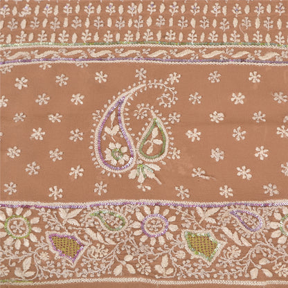 Sanskriti Vintage Brown Sarees Pure Georgette Silk Beaded Chikankari Sari Fabric