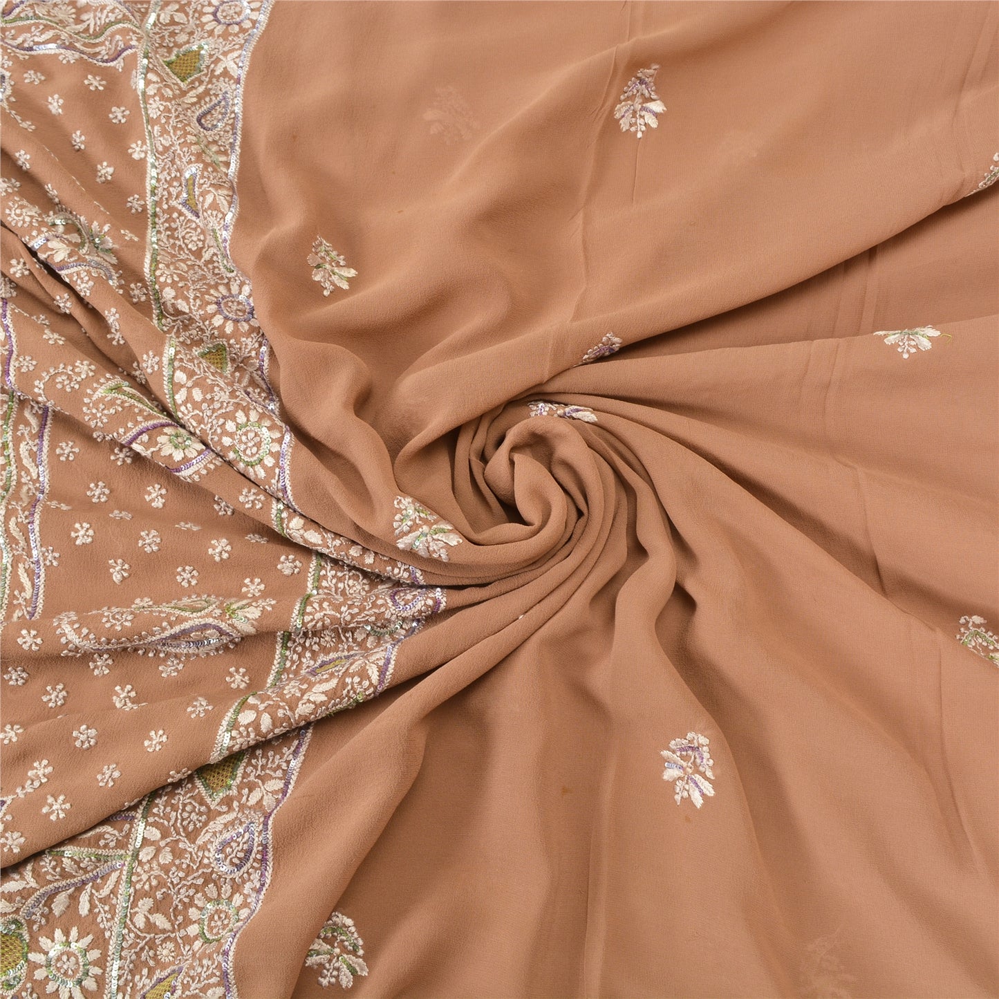 Sanskriti Vintage Brown Sarees Pure Georgette Silk Beaded Chikankari Sari Fabric