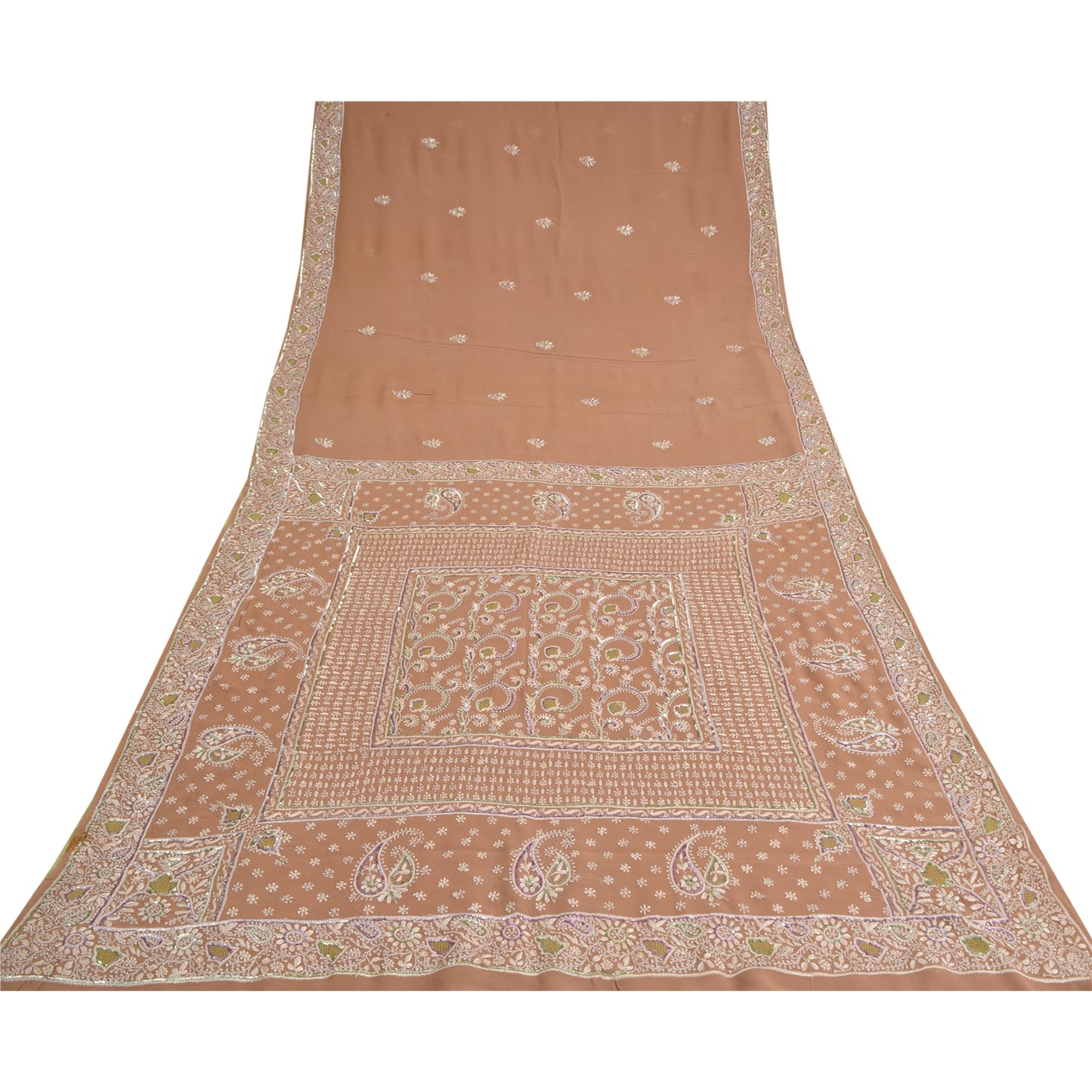 Sanskriti Vintage Brown Sarees Pure Georgette Silk Beaded Chikankari Sari Fabric