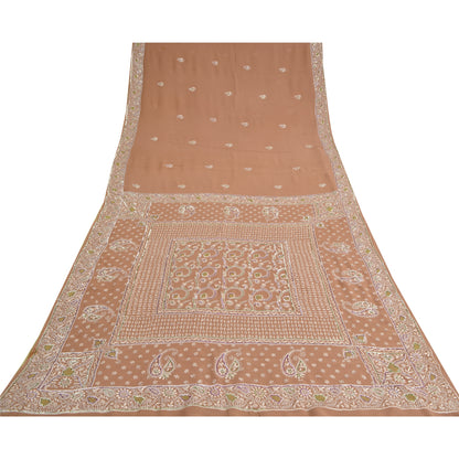 Sanskriti Vintage Brown Sarees Pure Georgette Silk Beaded Chikankari Sari Fabric