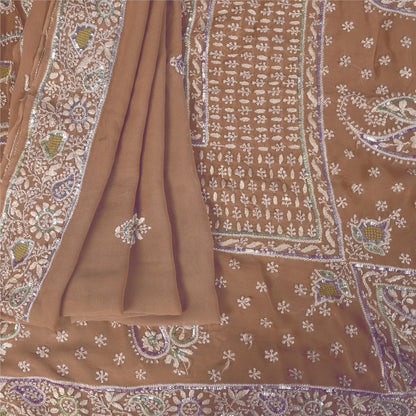 Sanskriti Vintage Brown Sarees Pure Georgette Silk Beaded Chikankari Sari Fabric
