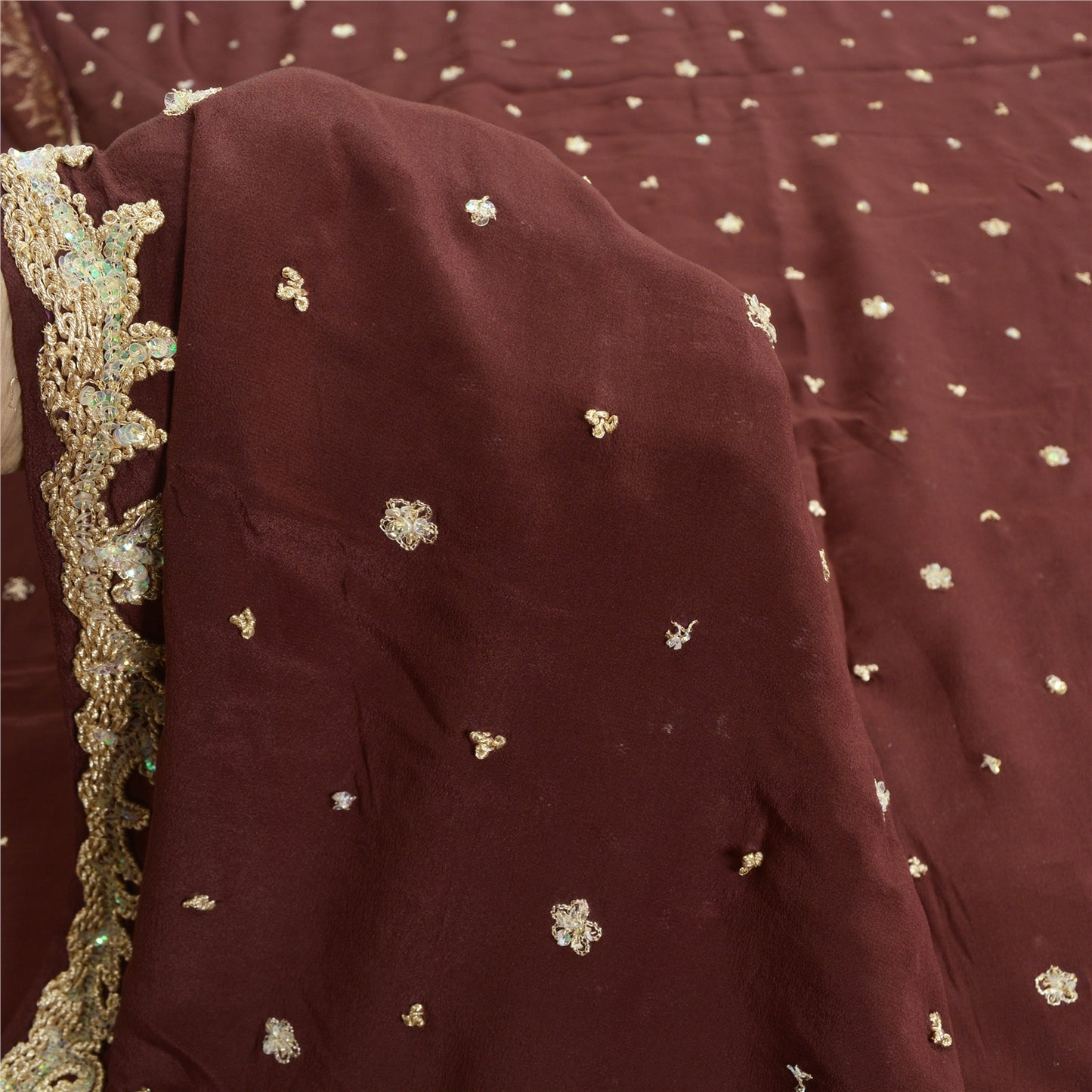 Sanskriti Vintage Burgundy Sarees Pure Crepe Silk Hand Beaded Ethnic Sari Sustainable Fabric