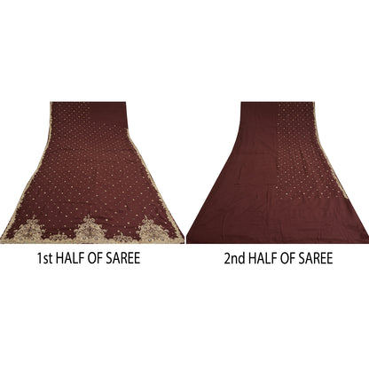 Sanskriti Vintage Burgundy Sarees Pure Crepe Silk Hand Beaded Ethnic Sari Sustainable Fabric
