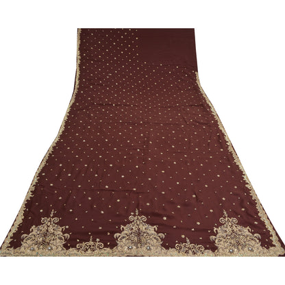 Sanskriti Vintage Burgundy Sarees Pure Crepe Silk Hand Beaded Ethnic Sari Sustainable Fabric