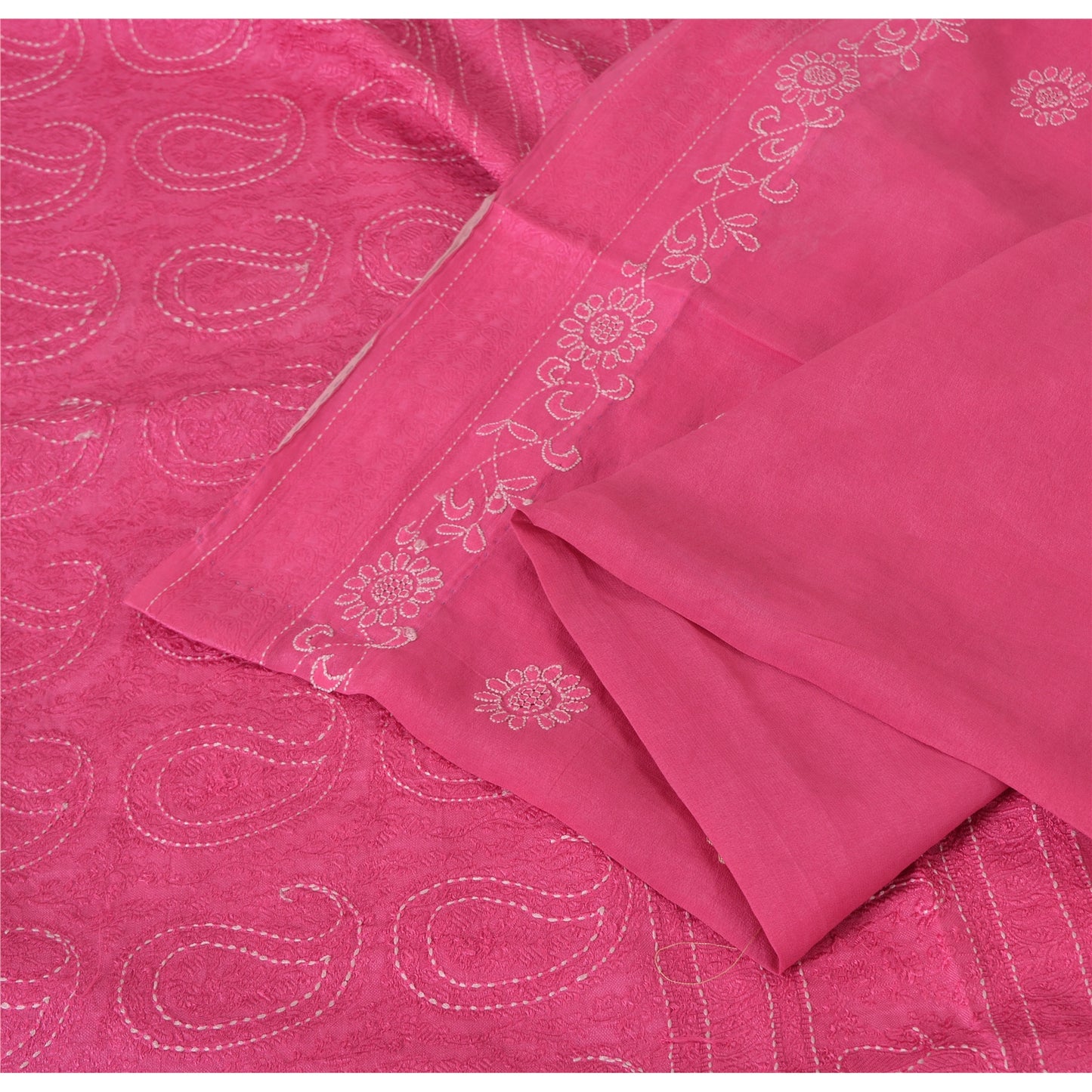 Sanskriti Vintage Pink Sarees Pure Georgette Silk Hand Embroidered Sari/Fabric