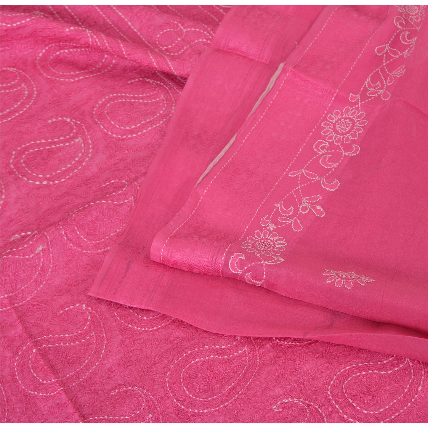 Sanskriti Vintage Pink Sarees Pure Georgette Silk Hand Embroidered Sari/Fabric