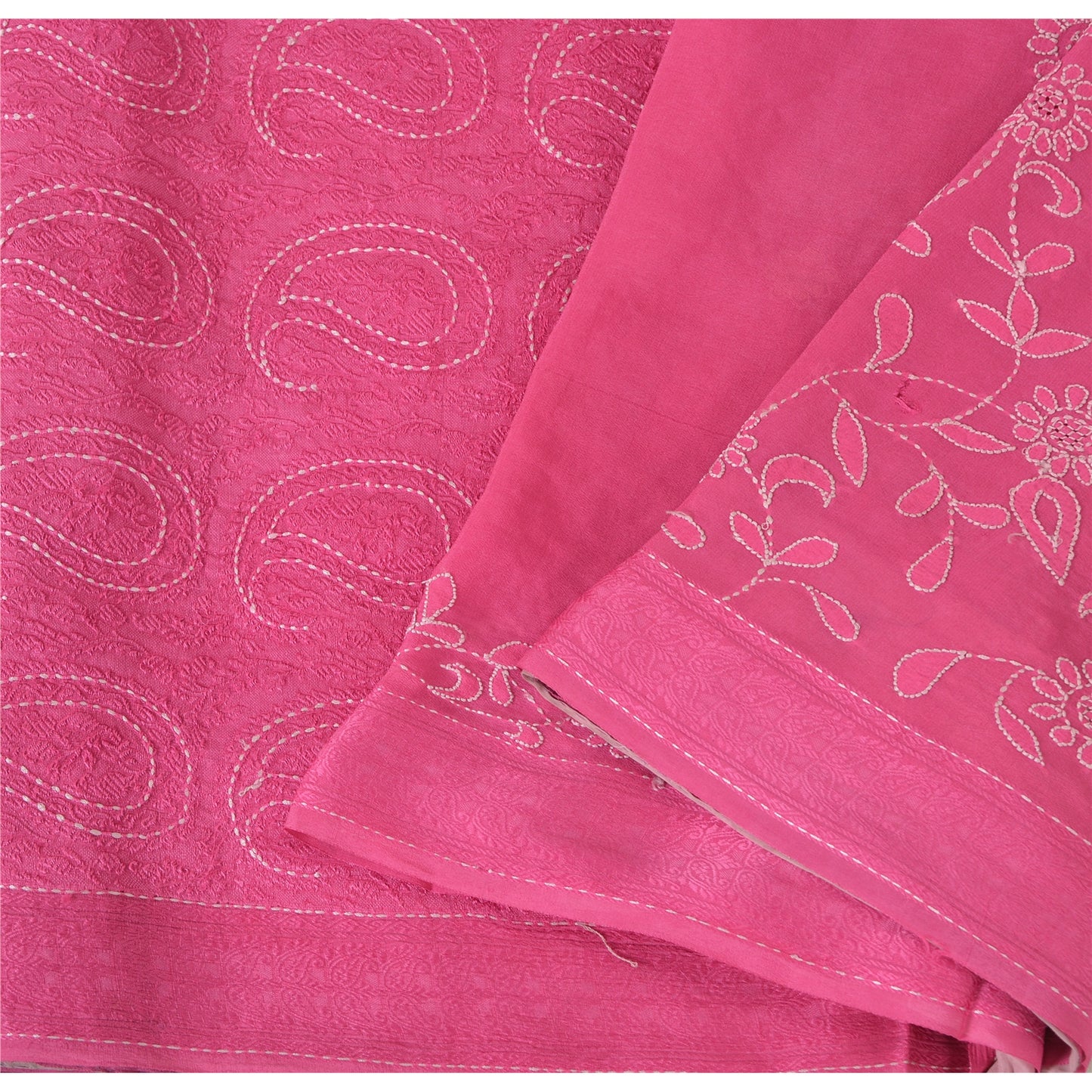 Sanskriti Vintage Pink Sarees Pure Georgette Silk Hand Embroidered Sari/Fabric