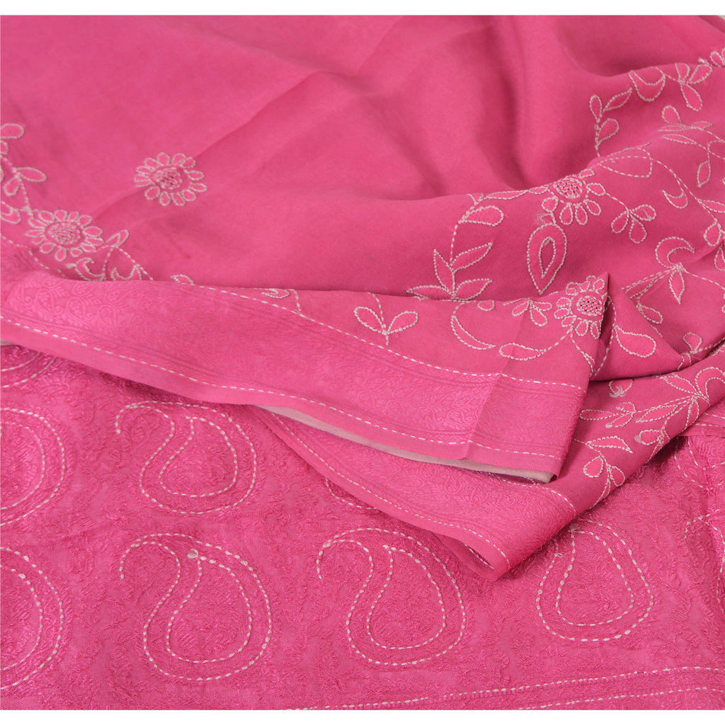 Sanskriti Vintage Pink Sarees Pure Georgette Silk Hand Embroidered Sari/Fabric